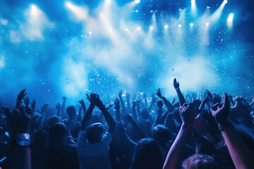 Fototapeta na wymiar Live, rock concert, party, festival night club crowd cheering, stage lights and confetti falling. Cheering crowd. Blue lights.