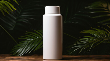 White plastic cosmetics container for cream against background with leaves