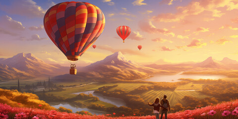 A couple in a hot air balloon, floating over a picturesque landscape filled with rolling hills and blooming wildflowers. - obrazy, fototapety, plakaty