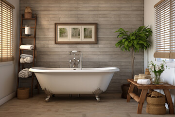 Interior design of Bathroom in Farmhouse style with Clawfoot Tub decorated with Subway Tile, Wicker Basket material. Farmhouse architecture.
