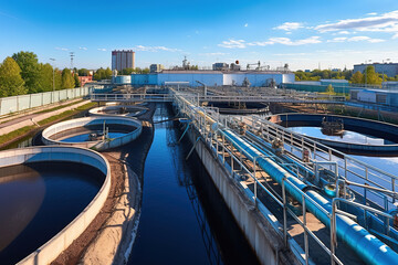 Industrial wastewater treatment plant purifying water before it is discharged. - obrazy, fototapety, plakaty