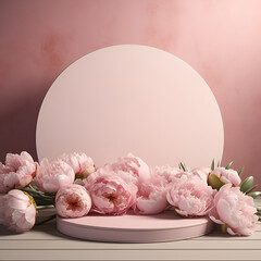 An empty round scene for your object or text. Pink background with peonies. 3d.
