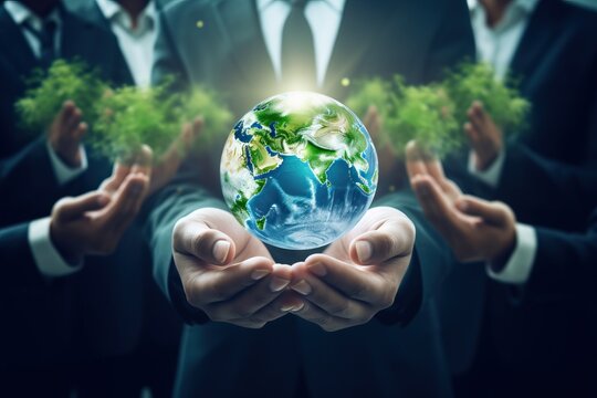 Businessmen holding world to Organization Sustainable development environmental. Sustainable business or green company Concept. business responsible environmental, social and governance. generative ai