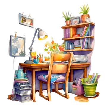 Watercolor cozy desk corner illustration isolated on transparent background