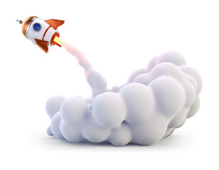3D space rocket taking off to left with smoke spewing. Business startup concept. 3D render Isolated on transparent background