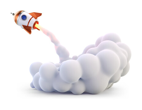 3D space rocket taking off to left with smoke spewing. Business startup concept. 3D render Isolated on transparent background