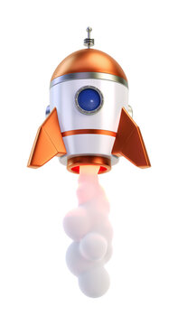 3D space rocket flying upward spewing smoke. Business startup concept. 3D render Isolated on transparent background