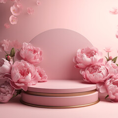Obraz na płótnie Canvas background with pink peonies. Beauty concept. Empty round pedestal. 3d.