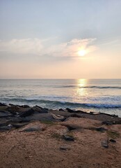 Puducherry, India - Oct 17 2023: Sun rise at Rock Beach in Pondicherry.
