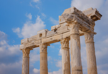 Naklejka premium travel to ancient city of Side, Antalya coast of Turkey in tourist low season. Ruins of the Temple of Apollo in Side