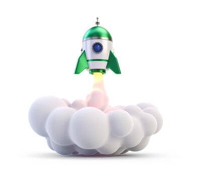 3D green space rocket launch with smoke spewing. Business startup concept. 3D render Isolated on transparent background