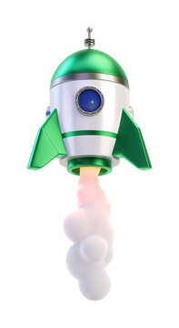 3D green space rocket flying upward spewing smoke. Business startup concept. 3D render Isolated on transparent background