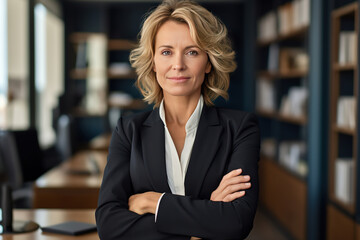 Fototapeta premium Happy mid aged business woman manager at office. Corporate leader, bank or insurance agent, lawyer, accountant, successful woman, leader manager looking at camera.