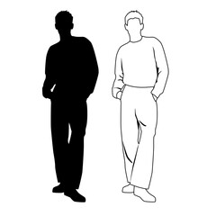 Vector silhouette of man  standing, business people, linear sketch, black color,  isolated on white background