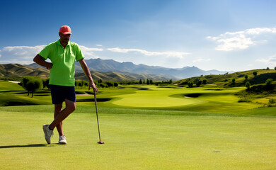 The golfer on the putting green waits for his turn before hitting the ball, during a golf...