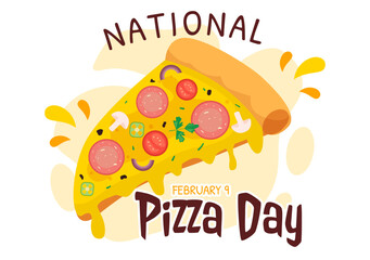 National Pizza Day Vector Illustration on February 9 with Various Toppings on Each Slice for Poster or Banner in Flat Cartoon Background Design
