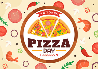 National Pizza Day Vector Illustration on February 9 with Various Toppings on Each Slice for Poster or Banner in Flat Cartoon Background Design