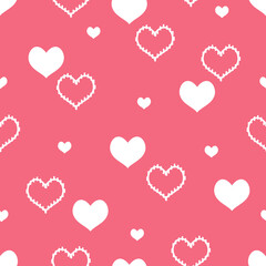 Seamless pattern of white hearts on pink background. Flat design vector.