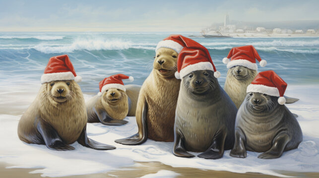 Heartwarming Santa and friendly seals all wearing Santa hats bask on snowy beach.