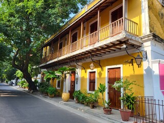 Fototapeta na wymiar Puducherry, India - Oct 17 2023: Colorful streets of Pondicherry french colony in white town.
