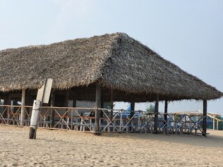 Puducherry, India - Oct 17 2023: Huts restaurant in Sandunes Paradise Beach in Pondicherry.