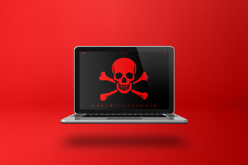 Laptop with a pirate symbol on screen. Hacking concept