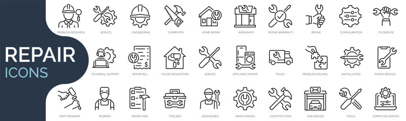 Set of outline icons related to repair, maintenance, construction. Linear icon collection. Editable stroke. Vector illustration