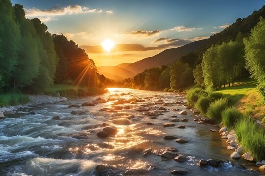 sunset over the river "Riverside Serenity: A Symphony of Sunset Hues"
"Dusk's Embrace: A River's Farewell to the Day"
"Golden Horizons: Sunset Reflections on the River"
"Twilight Tranquility: A River'