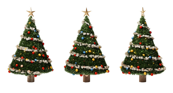 christmas tree decorated with stars on transparent background