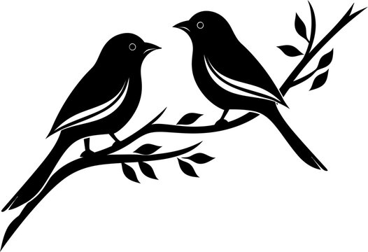 Birds on branch silhouette icon in black color. Vector template for tattoo or laser cutting.