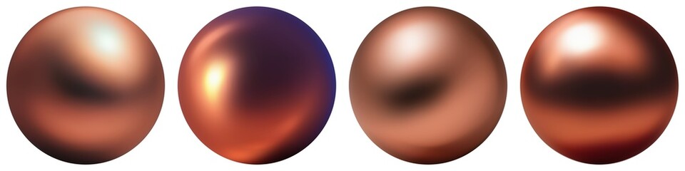 Copper balls set 3d. Polished metal texture. White background isolated.