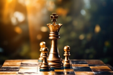 Gold queen is the leader of the chess in the game on board. Business concept. Strategy, Success, management, business planning, disruption and leadership concept.