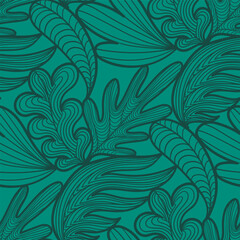 vector contemporary variety green leaves lines seamless pattern.