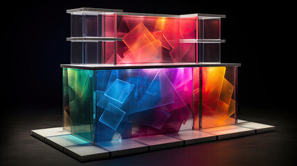 Sleek modular podium with transparent acrylic panels. Dynamic LED wall creates a versatile platform for showcasing commercial products.