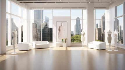 Contemporary podium with white finish and floor-to-ceiling windows.