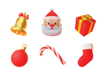 Set of 3d Christmas icons. Realistic illustration of a cute Santa Claus, a bell, a gift box, a Christmas decoration, a candy cane and a sock isolated on a white background. Vector 10 EPS.
