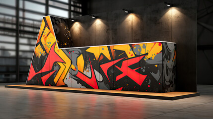 Urban-chic podium with concrete surface and graffiti backdrop.