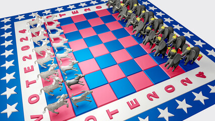 Illustration for US presidential election 2024. Election day. Vote 2024. Elephants and donkeys in the chess board.