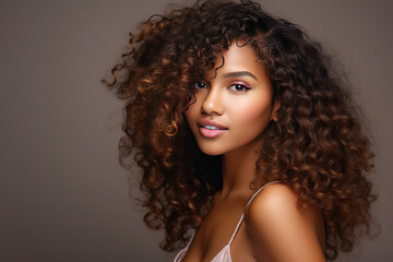 African beautiful woman portrait. Brunette curly haired young model with dark skin and perfect smile.