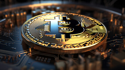 Fototapeta na wymiar A gold coin with Bitcoin logo tech circuits