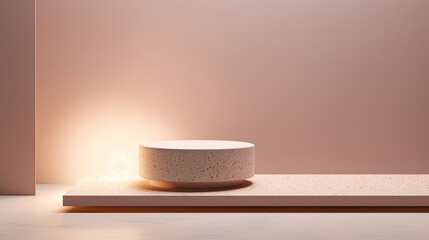 Fototapeta na wymiar Pale matte terrazzo podium with delicate speckles. Warm lighting for presenting handcrafted decor.