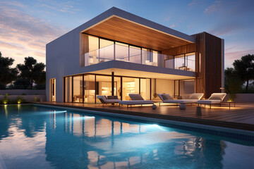 Fototapeta premium Exterior of modern minimalist cubic villa with swimming pool at sunset