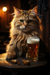 Funny red cat drinking beer. AI Generative - obrazy, fototapety, plakaty