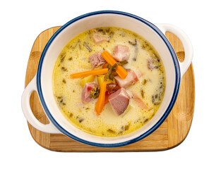 Homemade potato soup with smoked bacon