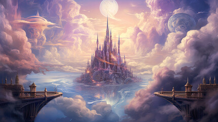 Towering spires and celestial backdrop in surreal floating city.