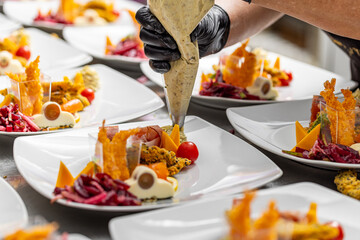 Chef is garnishing delicious appetizer dishes