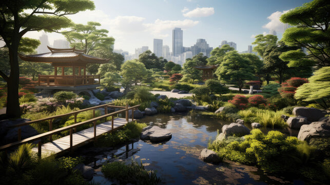 Bonsai trees and koi ponds in serene Japanese garden oasis. © javier