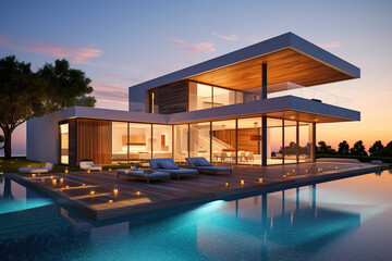 Fototapeta premium Exterior of modern minimalist cubic villa with swimming pool at sunset