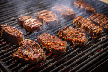 Steak sizzling on a grill