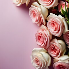 Fototapeta premium flower border. roses on a pink background. template for holiday card with place for text.